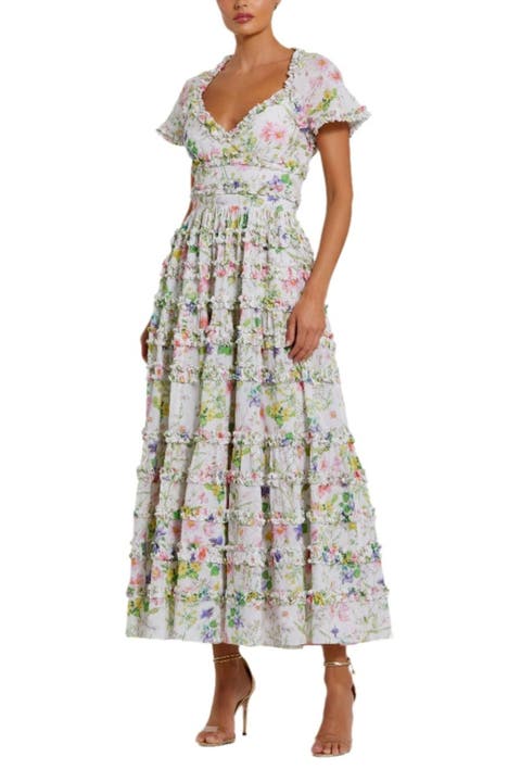 Cap Sleeve V Neck Open Back Floral Cotton Dress