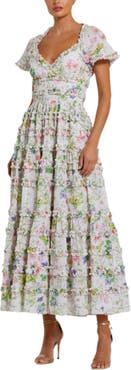 Mac Duggal Cap Sleeve V Neck Open Back Floral Cotton Dress
