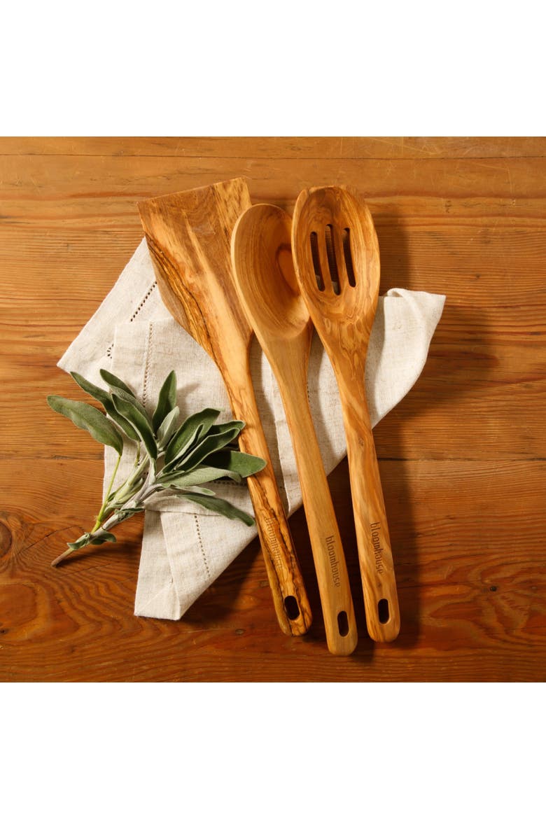 Italian Olive Wood Extra-Large Turner, Spoon, and Slotted Spoon Set, Alternate, color, Natural Wood