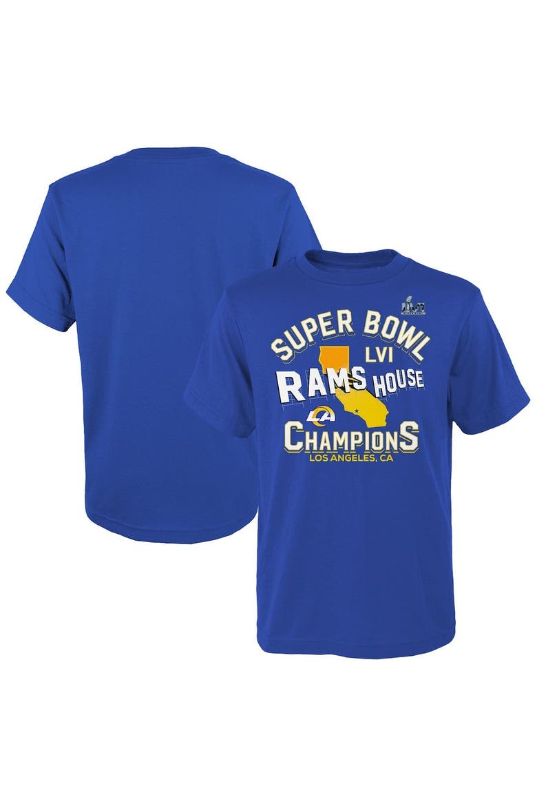Youth Fanatics Branded Royal Los Angeles Rams Super Bowl LVI Champions Hard Count Hometown T-Shirt, Main, color, Royal
