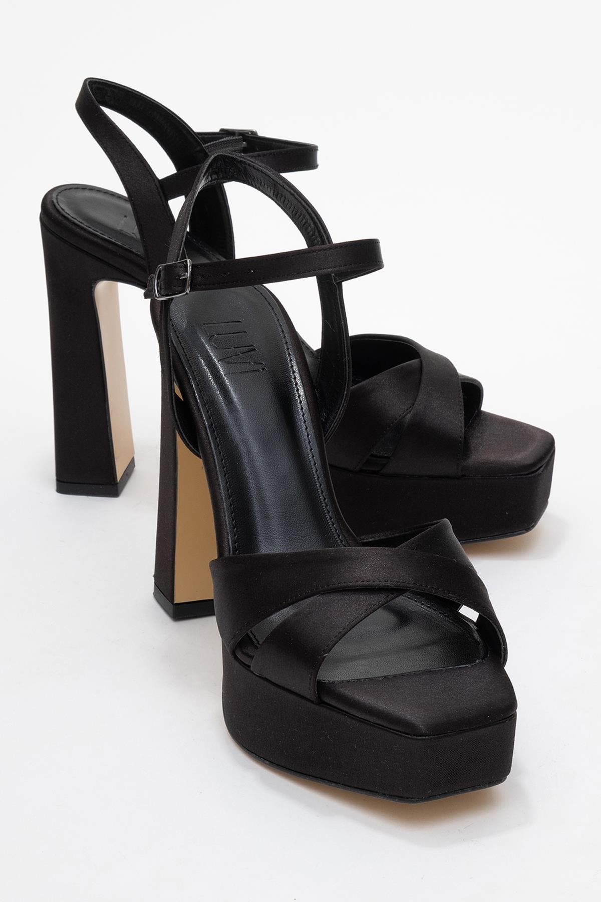 Prologue Shoes Yulia Cross-Strap Platform Heel Sandal, Alternate, color, Black Satin