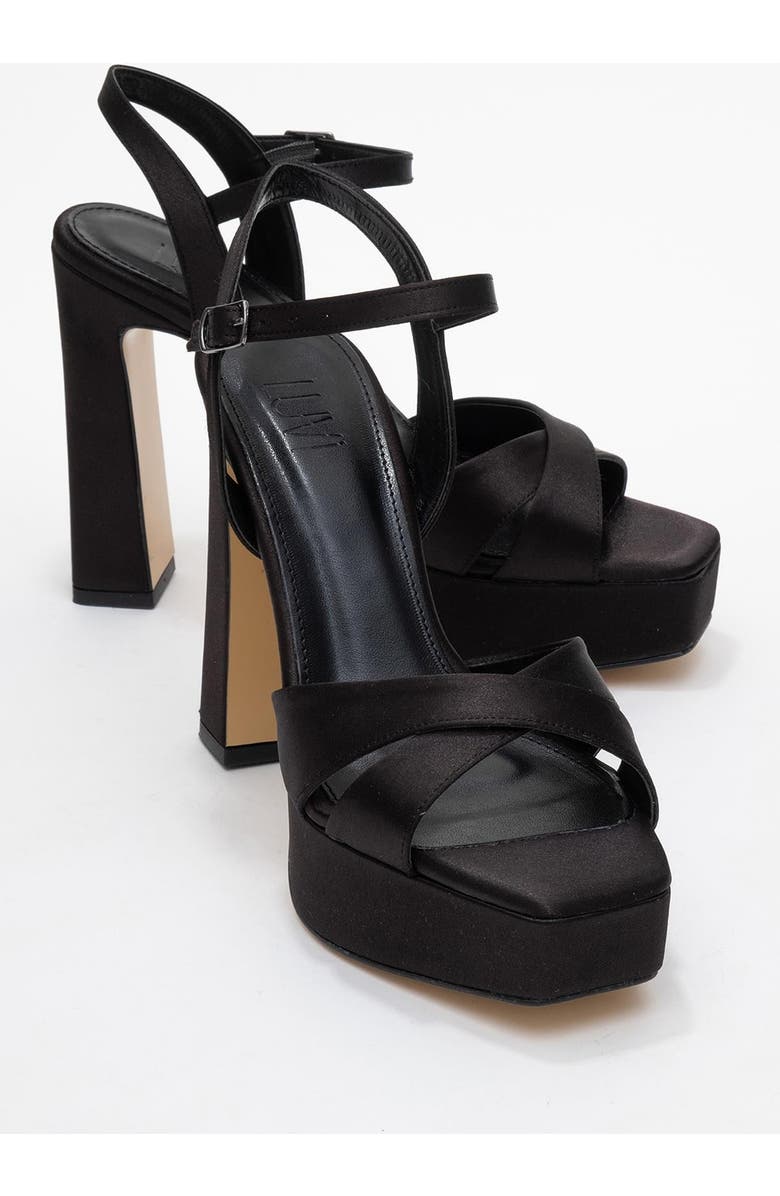 Prologue Shoes Yulia Cross-Strap Platform Heel Sandal, Alternate, color, Black Satin