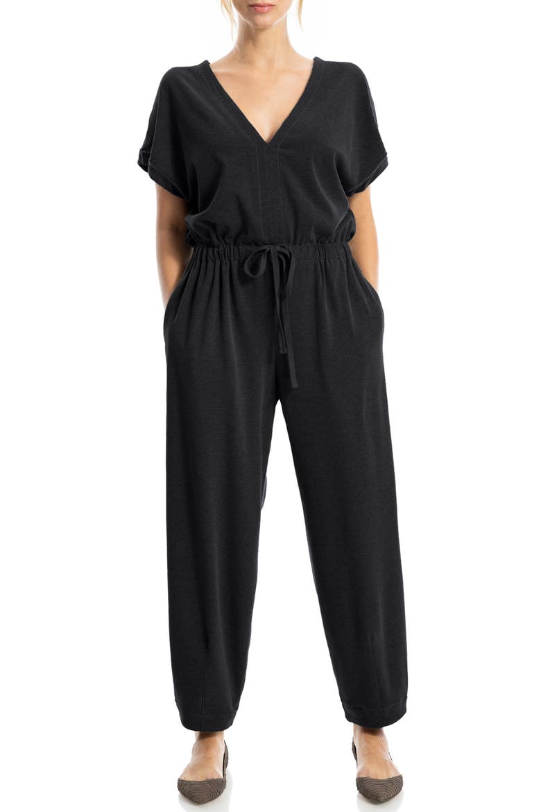 Short Sleeve Tie Waist Jumpsuit, Alternate, color, BLACK