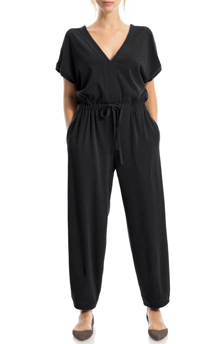 MAX STUDIO Short Sleeve Tie Waist Jumpsuit, Alternate, color, Black