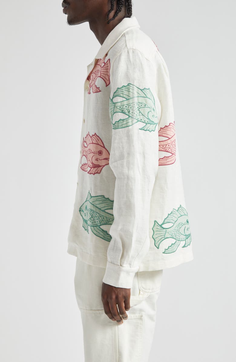 Bode Piscine Long Sleeve Linen Camp Shirt, Alternate, color, 