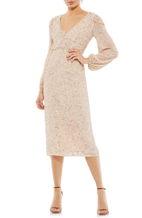 Sequin Faux-Wrap Cocktail Dress with Puff-Shoulder Sleeves & Midi Skirt