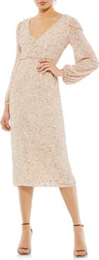 Mac Duggal Sequin Faux-Wrap Cocktail Dress with Puff-Shoulder Sleeves & Midi Skirt