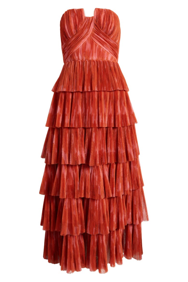 Simi Plissé Ruffle Strapless Gown, Alternate, color, ORANGE ROMANTIC FLORAL