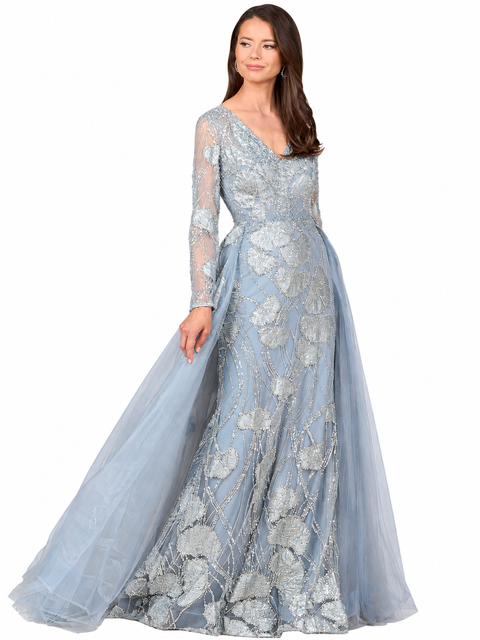 Long Sleeve Lace Gown with Overskirt