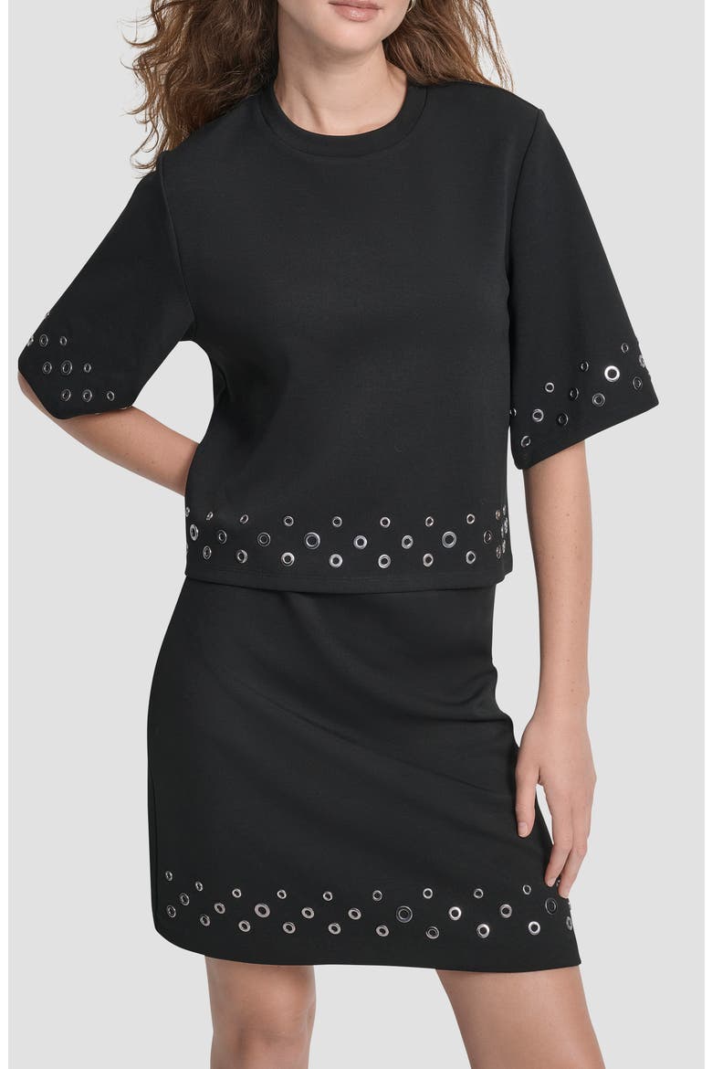 Grommet Trim Ponte Knit Top, Main, color, BLACK