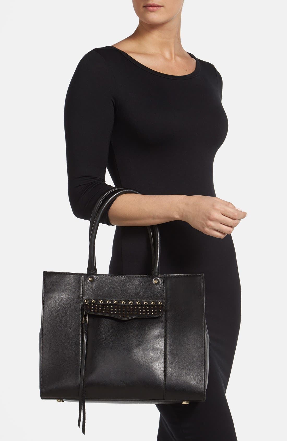 'Medium MAB' Studded Tote, Alternate, color, BLACK