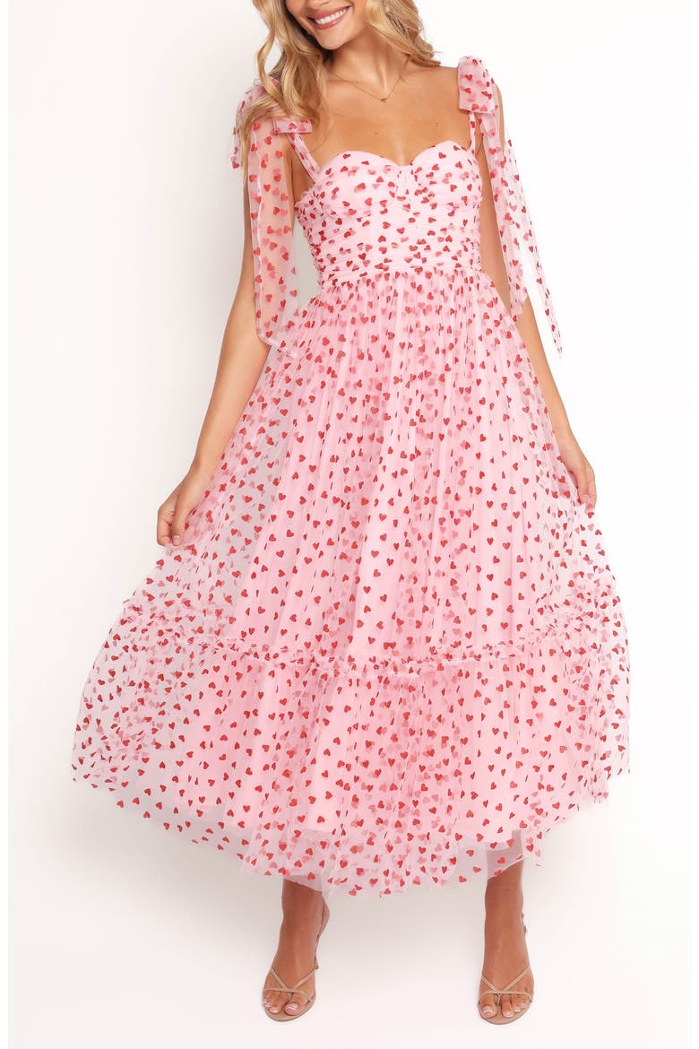 Floret Tie Strap Chiffon Overlay Cocktail Midi Dress, Main, color, RED HEARTS
