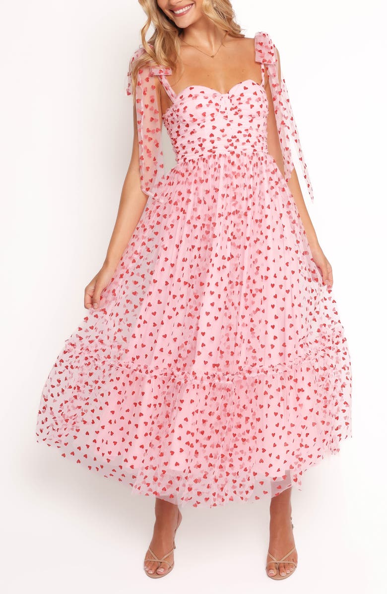 Petal & Pup Floret Tie Strap Chiffon Overlay Cocktail Midi Dress, Main, color, Red Hearts