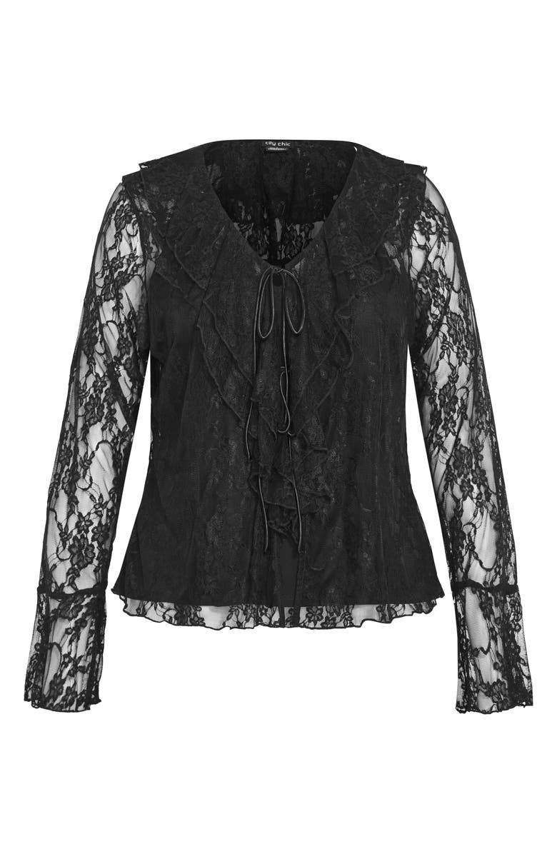 City Chic Lacie Ruffle Long Sleeve Lace Top, Alternate, color, Black Lace