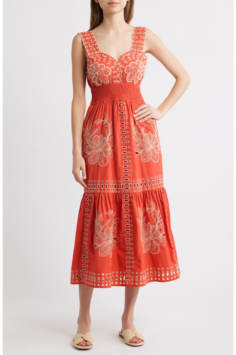 Fawn Eyelet Embroidered Smocked Waist Sundress, Main, color, TERRACOTTA