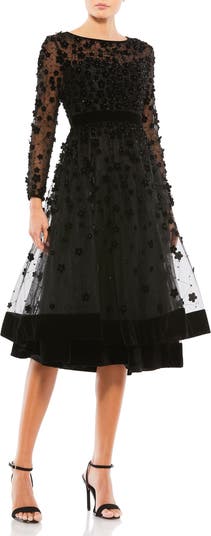 Floral Appliqué Long Sleeve Cocktail Dress