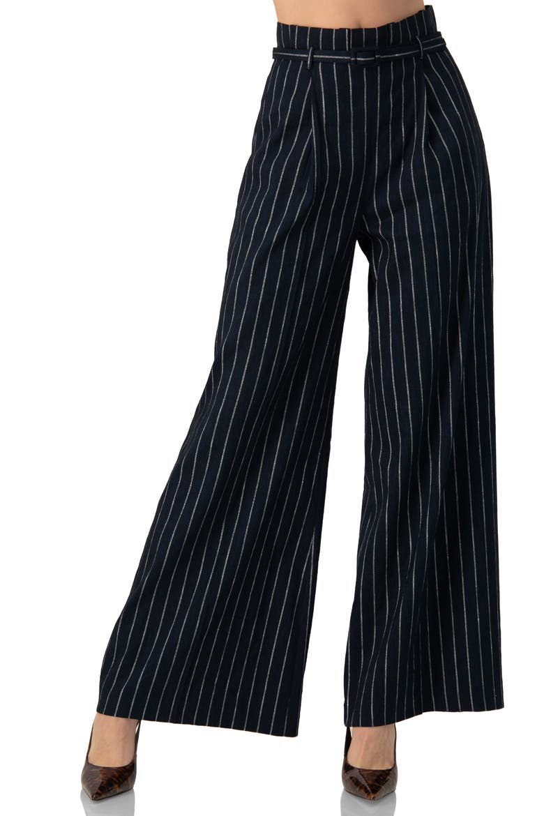Striped Wide-Leg Trousers with Belt, Main, color, Navy Blue