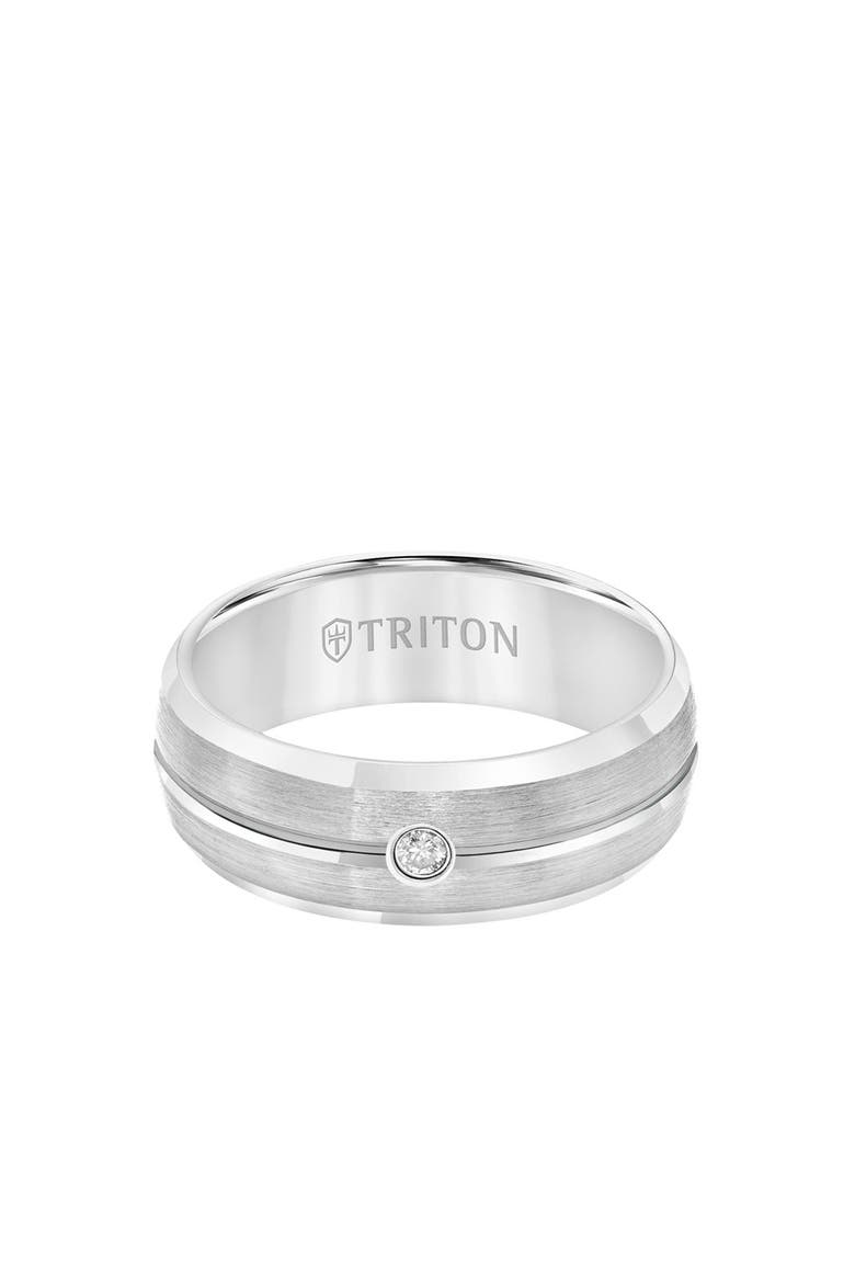 8MM Tungsten Carbide Rings with Single Diamond Center and Domed Bevel Edge, Alternate, color, Metallic Silver