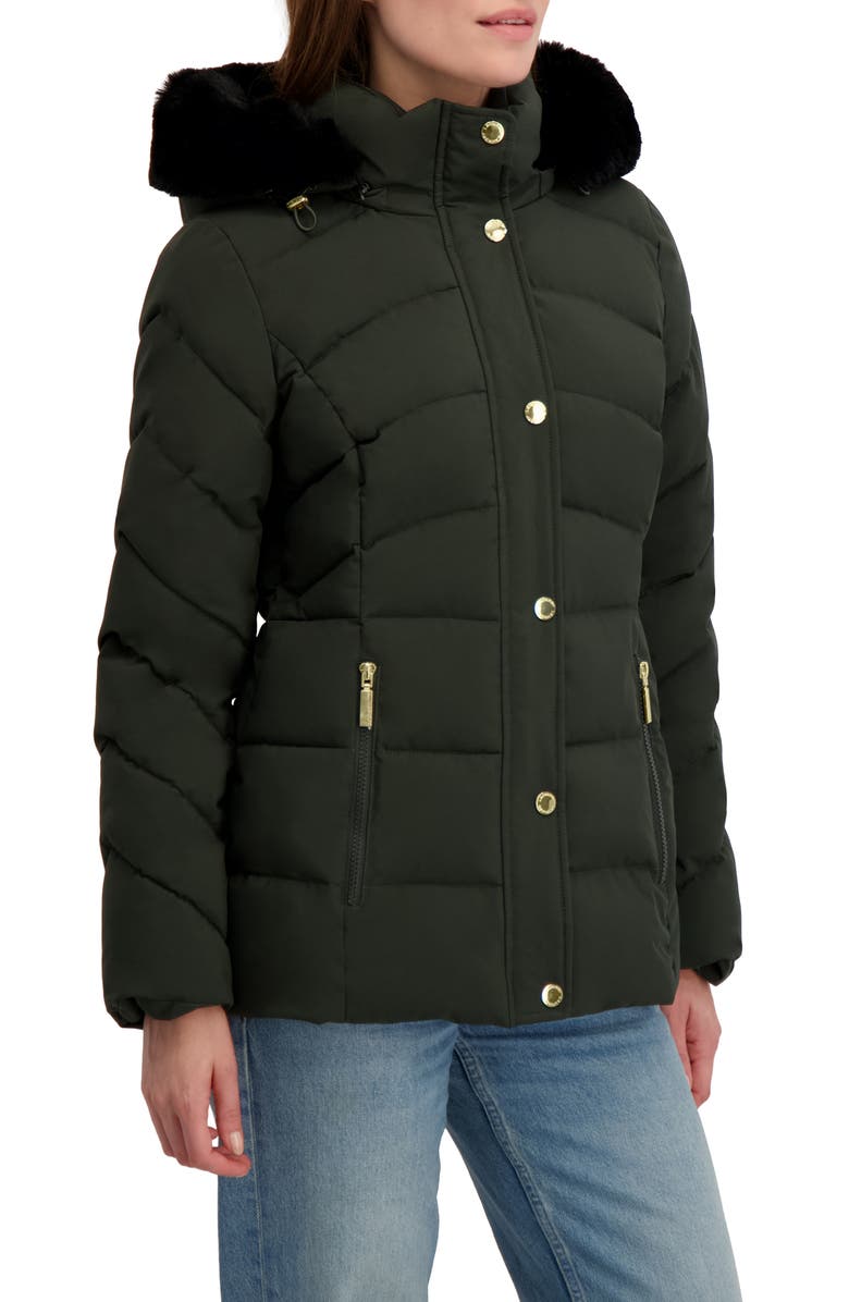 Laundry by Shelli Segal Hooded Puffer with Faux Fur Trim, Alternate, color, Dark Green