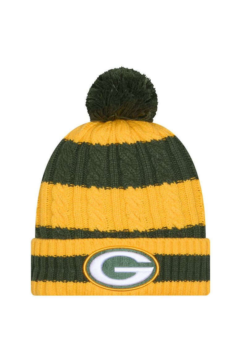 Women's New Era Green Green Bay Packers Braided Cuffed Knit Hat with Pom, Main, color, Green
