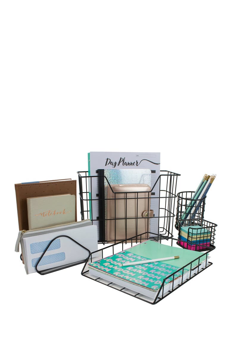 Copper Wire Metal Desk Organizer 5-Piece Set, Alternate, color, BLACK