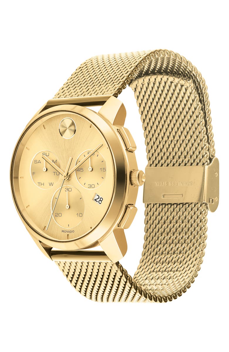 Movado Bold Chronograph Mesh Strap Watch, 42mm, Alternate, color, Gold