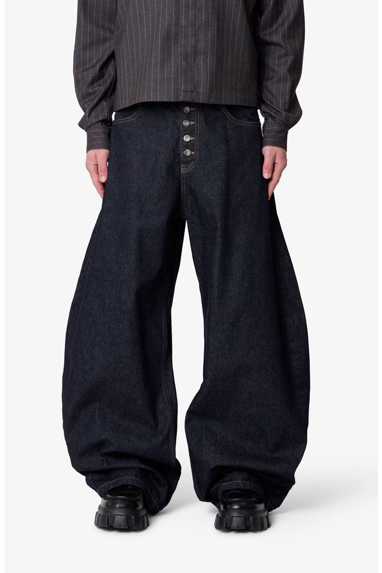Button Fly Barrel Leg Jeans, Main, color, RINSED INDIGO