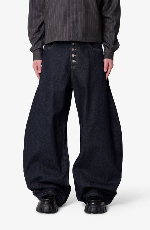 Button Fly Barrel Leg Jeans (Rinsed Indigo)