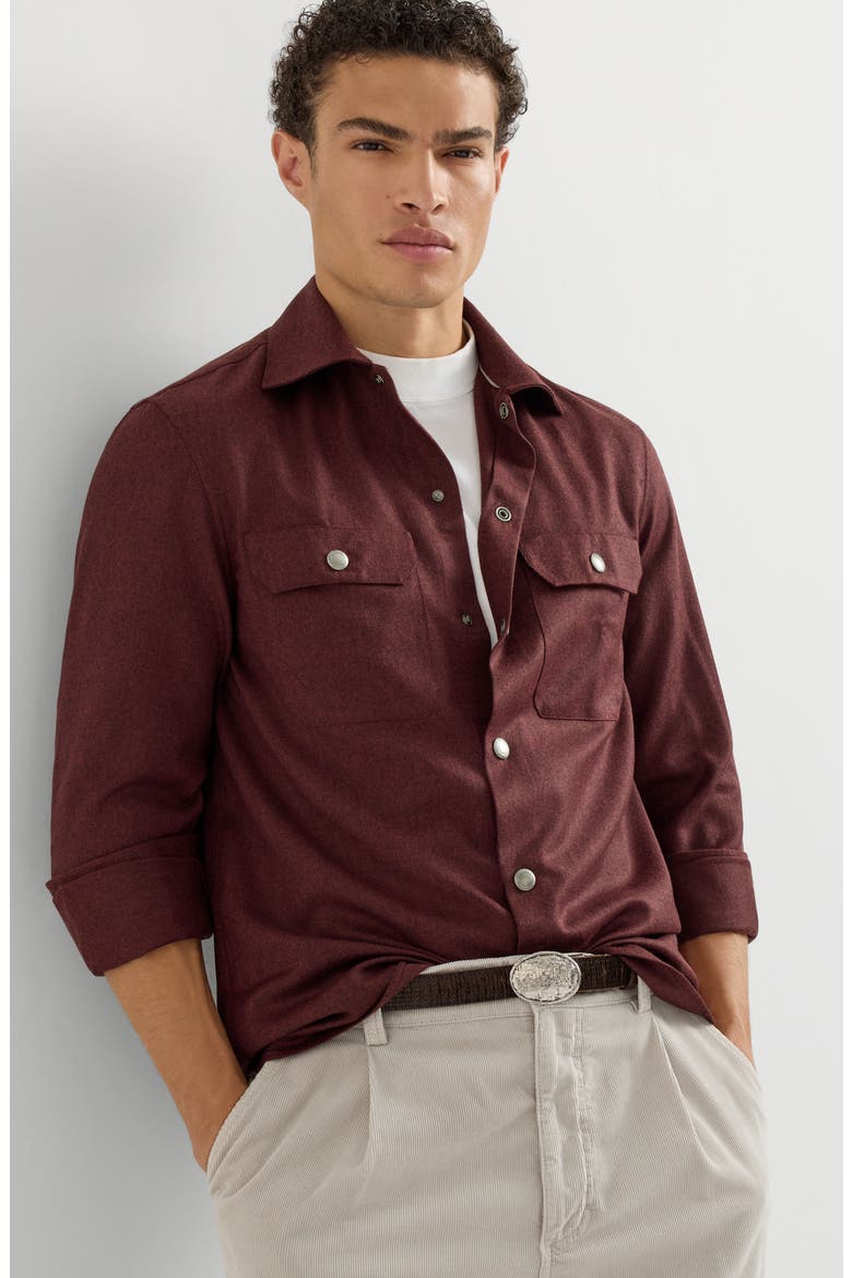 Virgin wool flannel overshirt with spread collar and chest pockets, Alternate, color, Burned