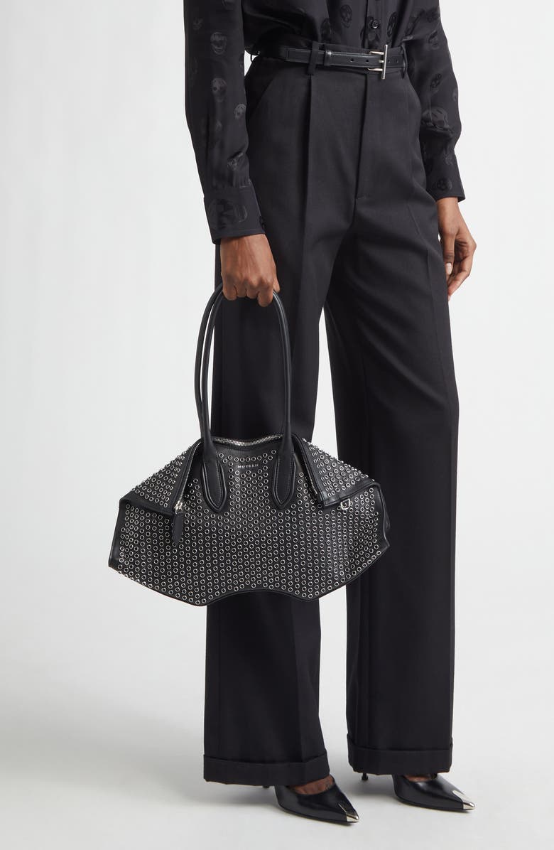 McQueen Medium Manta Grommet Leather Handbag, Alternate, color, Black/ Silver