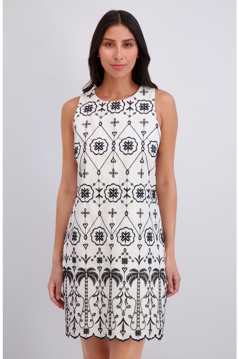 Embroidered Eyelet Sleeveless Cotton Shift Dress, Alternate, color, WHITE BLACK