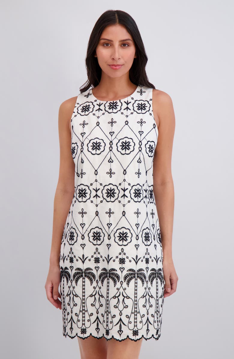 London Times Embroidered Eyelet Sleeveless Cotton Shift Dress, Alternate, color, White Black