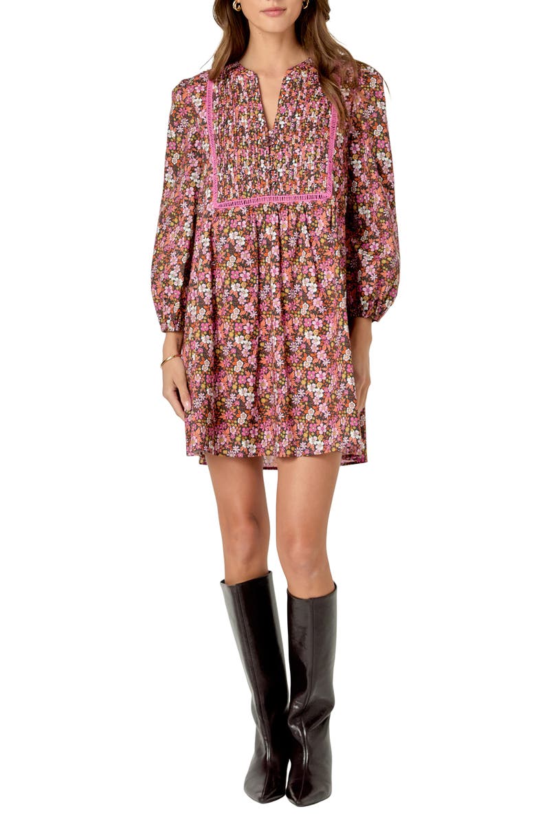 English Factory Floral Print Pintuck Cotton Minidress, Main, color, Pink