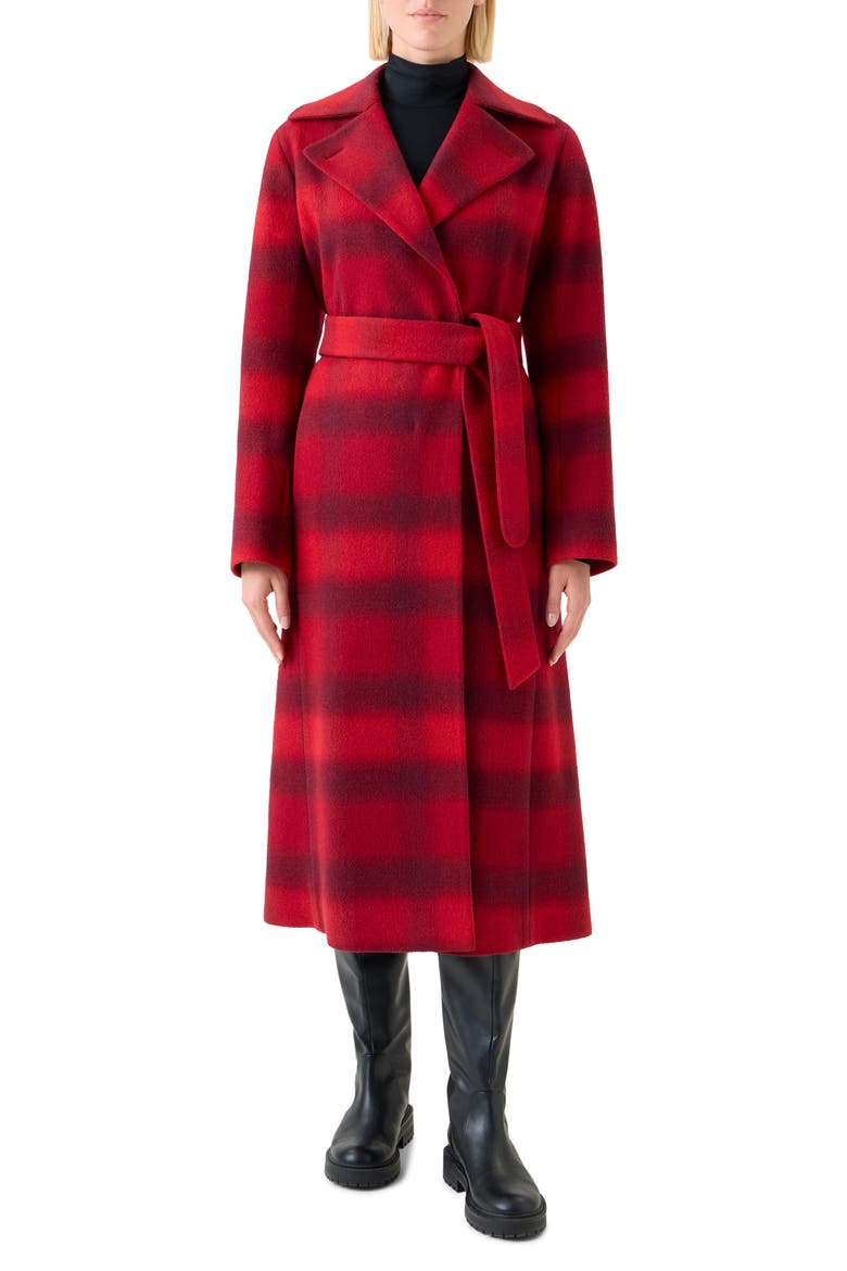 Blurred Check Belted Wool Blend Long Coat, Main, color, CRANBERRY-BLACKBERRY