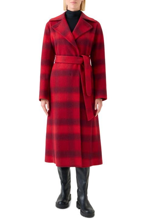 Blurred Check Belted Wool Blend Long Coat