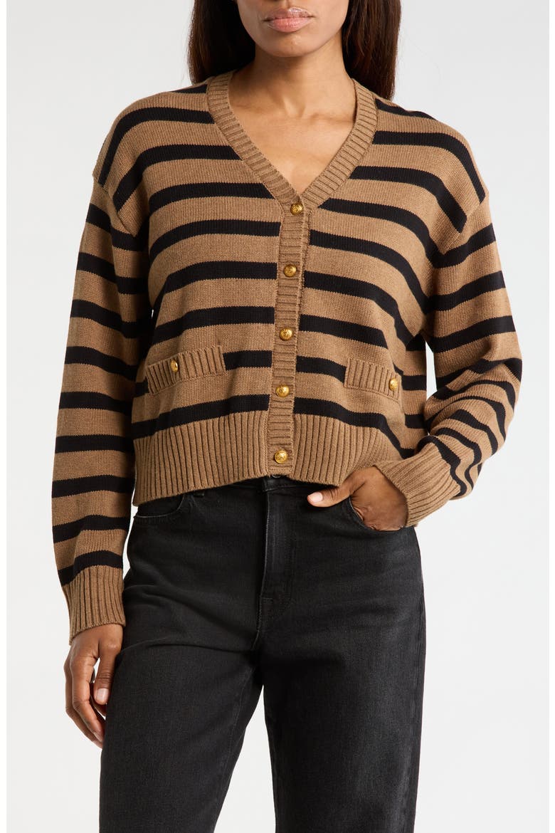 Stripe Cotton Cardigan, Main, color, MOCHA/ BLACK