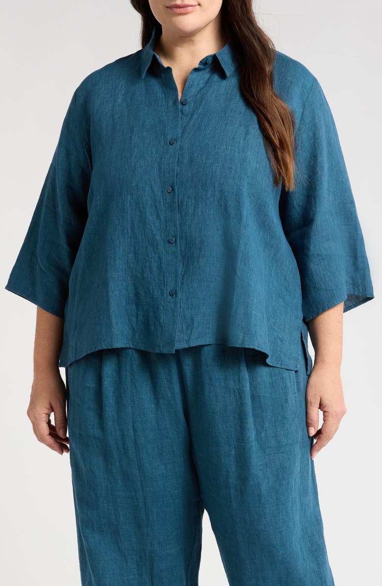 Eileen Fisher Classic Collar Organic Linen Button-Up Shirt, Main, color, Harbor