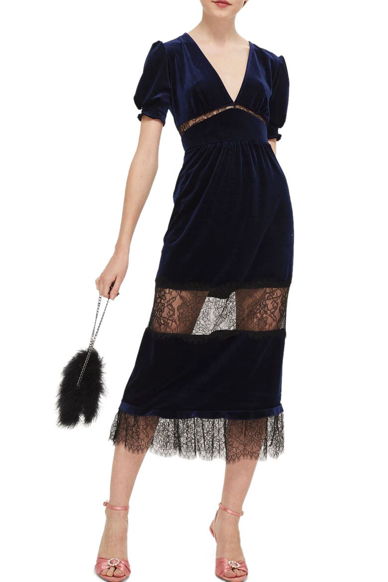 Velvet & Lace Puff Sleeve Midi Dress, Main, color, NAVY BLUE