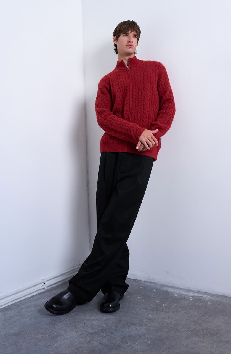 Topman Cable Knit Cardigan, Alternate, color, Red