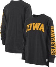 PRESSBOX Women's Pressbox Heathered Black Iowa Hawkeyes Two-Hit Canyon Long Sleeve T-Shirt