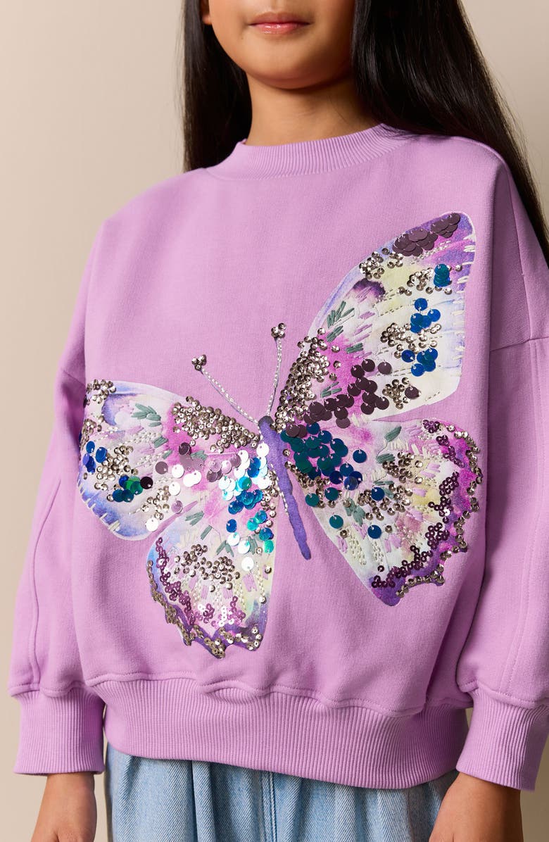 NEXT Kids' Sequin Embellished Butterfly Cotton Blend Sweatshirt, Alternate, color, Purple