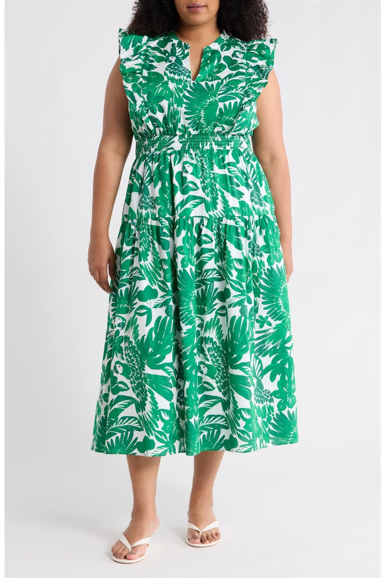Masey Tropical Print Ruffle Midi Dress, Main, color, WHITE-GREENS