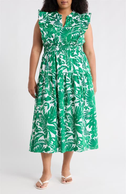 Masey Tropical Print Ruffle Midi Dress (Plus)