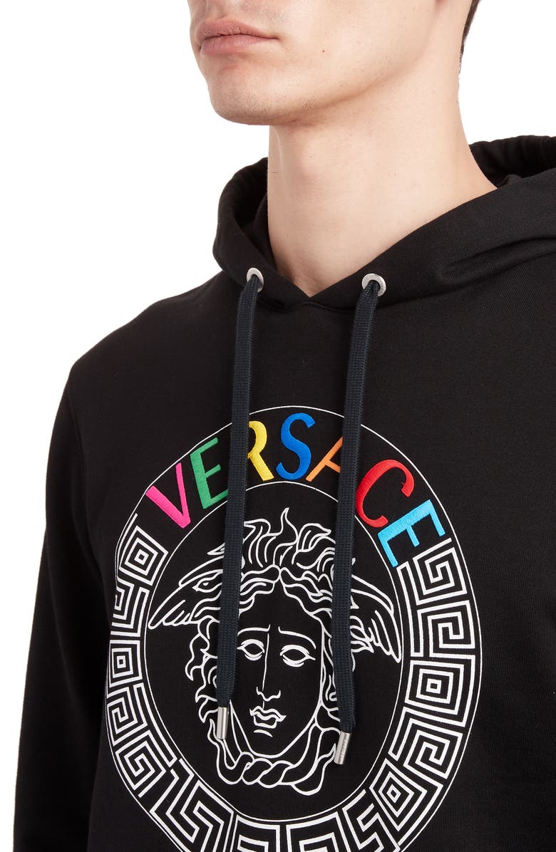 Versace Embroidered Logo Medusa Head Hoodie, Alternate, color, 