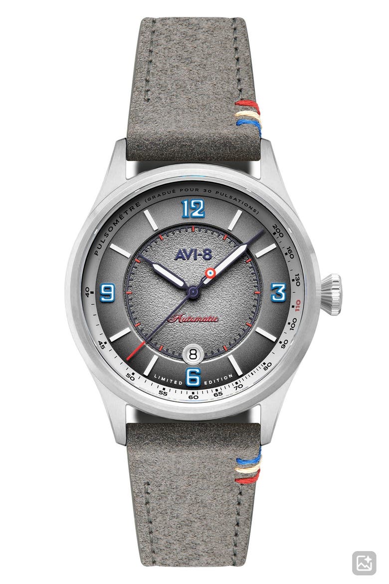 Flyboy Lafayette Automatic 110th Anniversary Limited Edition Leather Strap Watch, 42mm, Main, color, GREY