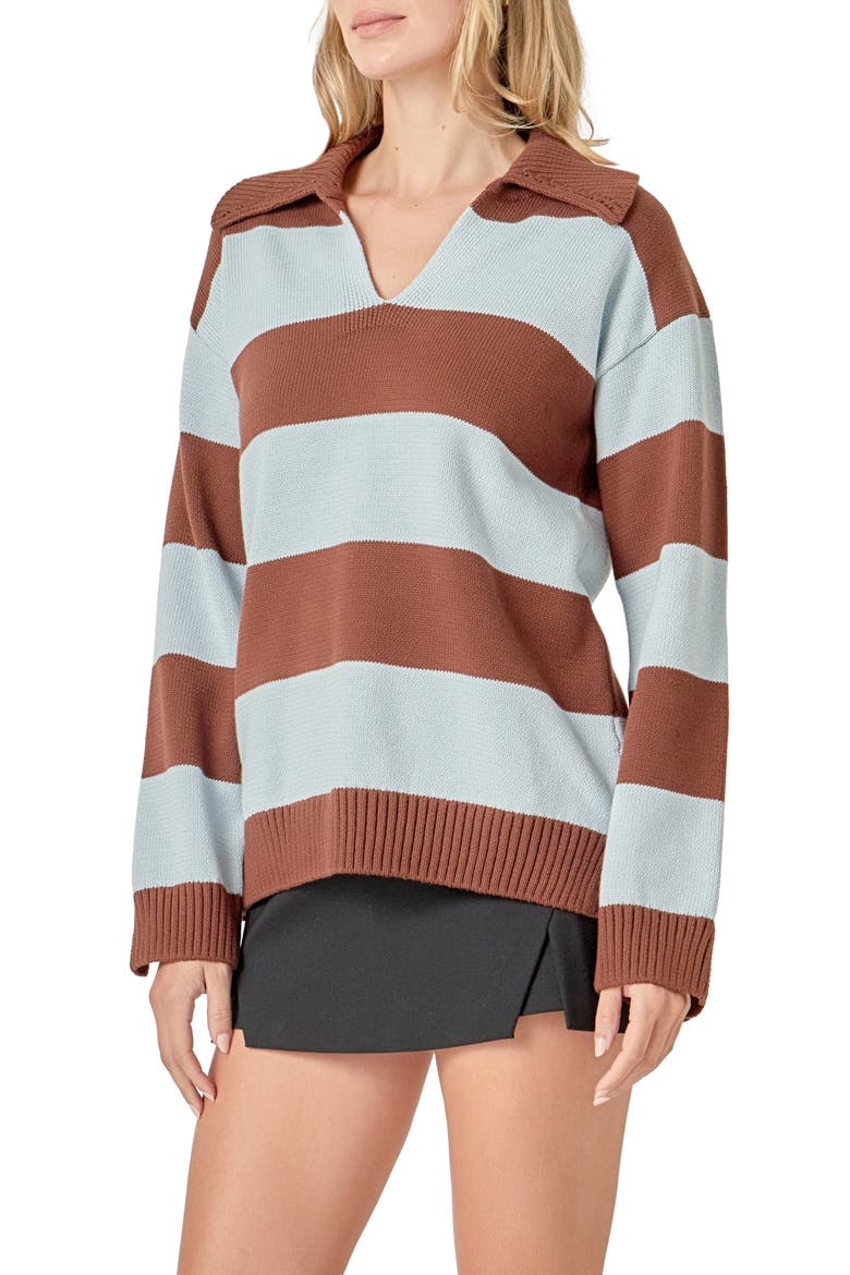 Stripe Cotton Rugby Sweater, Alternate, color, BROWN/ POWDER BLUE