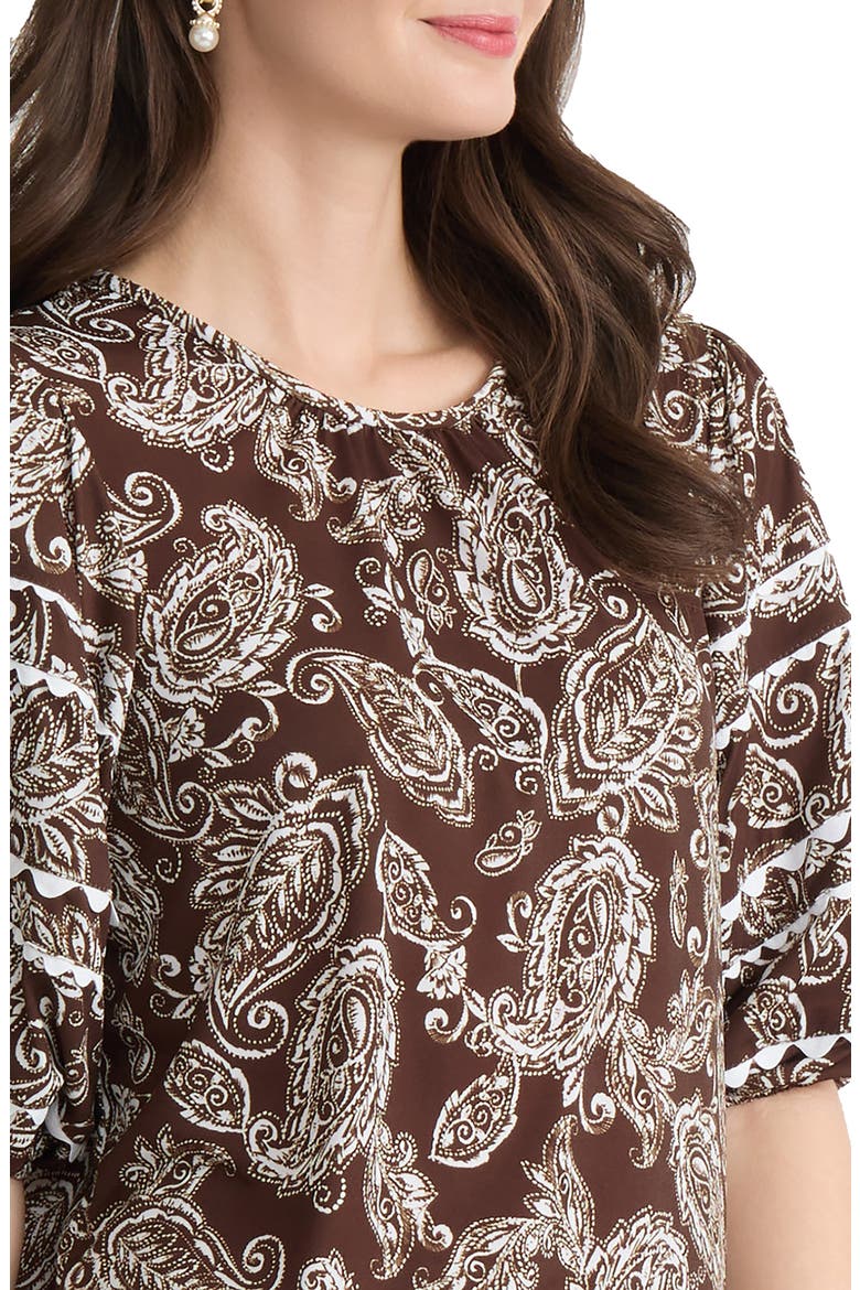 Scalloped Trim Puff Sleeve Stretch Cotton Top, Alternate, color, FUDGE/ WHITE SAND MULTI