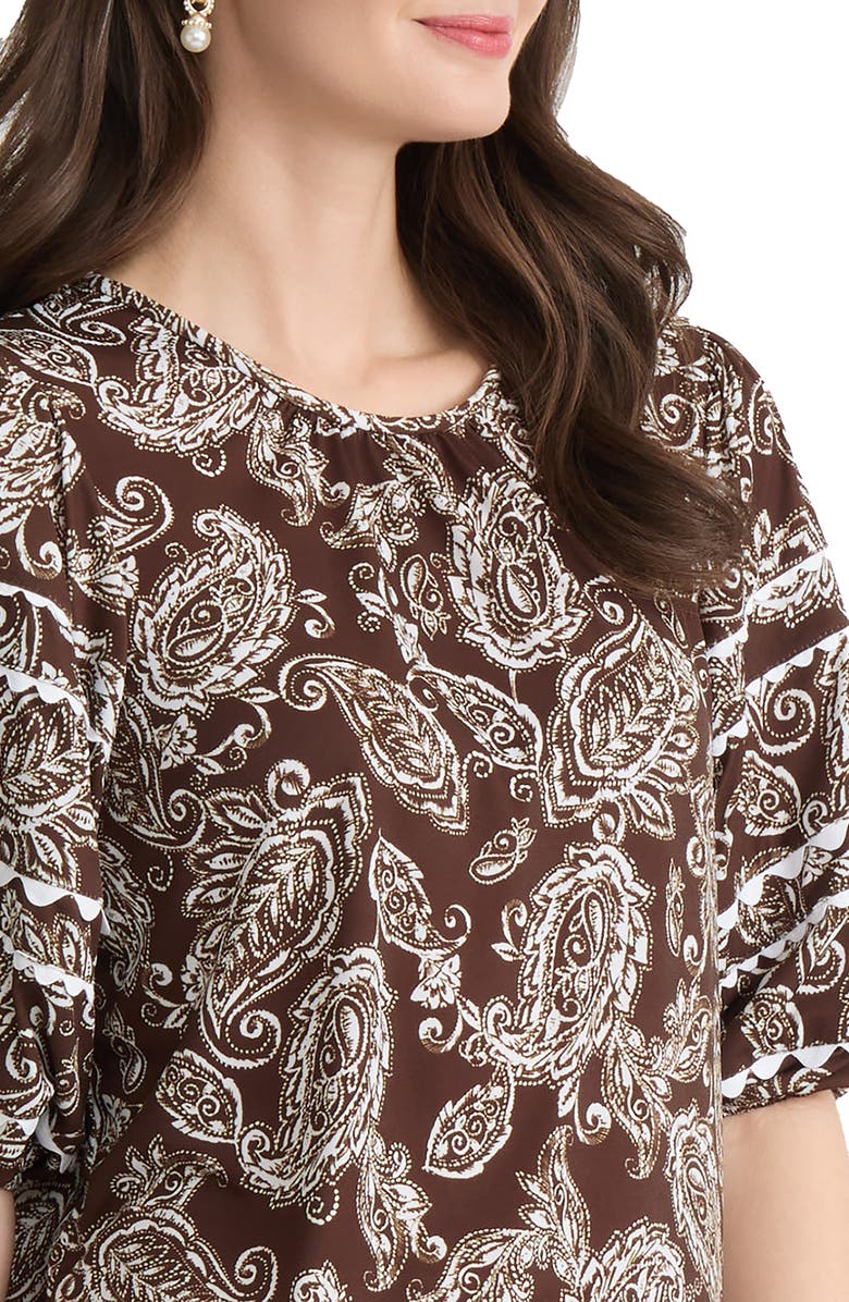 Jones New York Scalloped Trim Puff Sleeve Stretch Cotton Top, Alternate, color, Fudge/ White Sand Multi