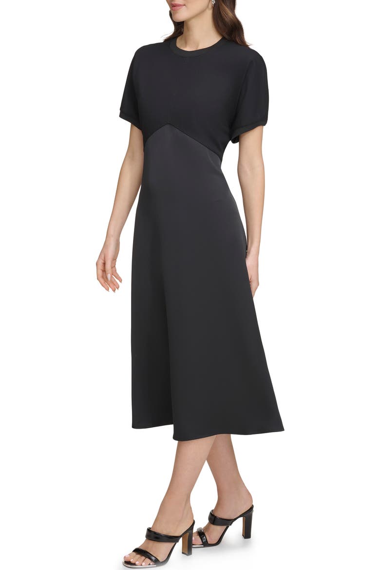 Scuba & Satin A-Line Midi Dress, Alternate, color, BLACK/ BLACK