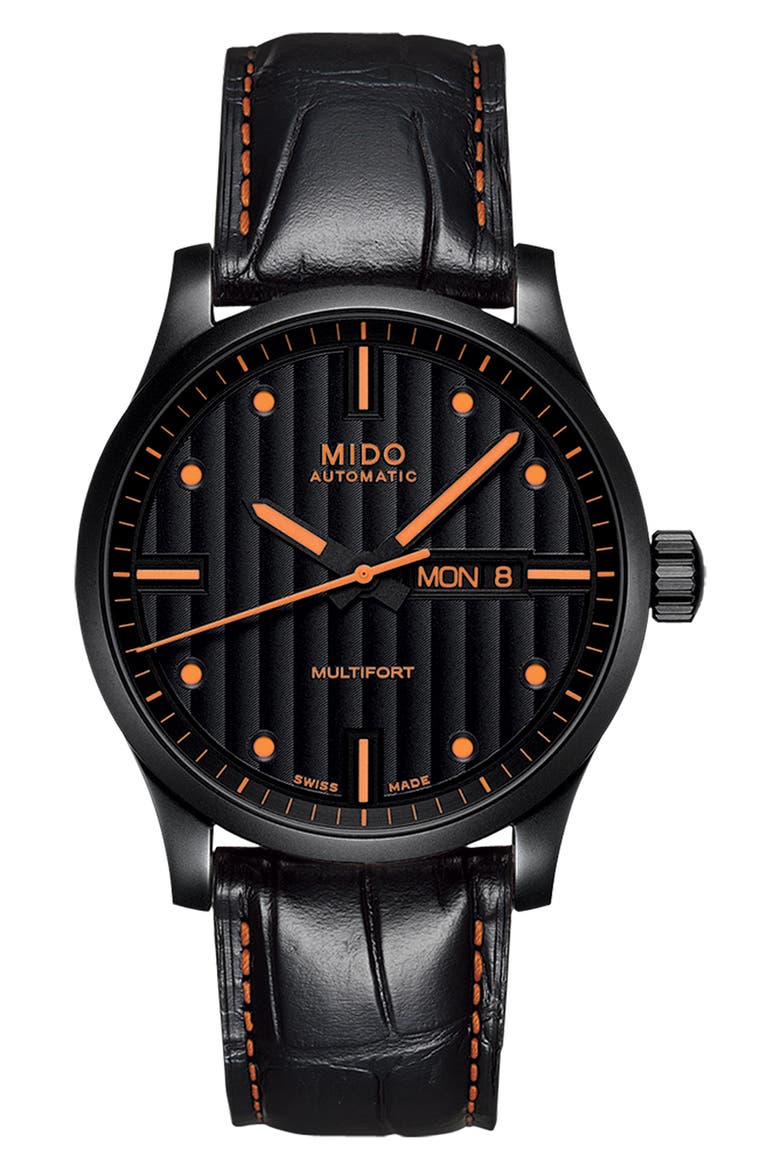 Multifort Automatic Leather Strap Watch, 42mm, Main, color, BLACK/ ORANGE